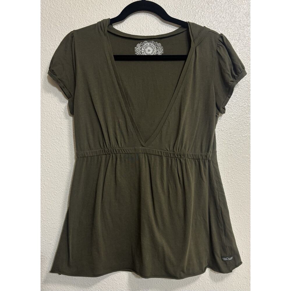 VTG Polo Jeans Hooded T-shirt Babydoll V-neck Olive Granolagirl Y2K Women’s Sz S